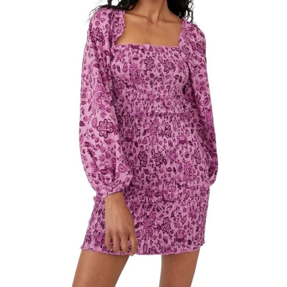 NWT Free People Mini Dress Long Sleeved Bodycon Floral Purple Magenta Size Small - Picture 1 of 14